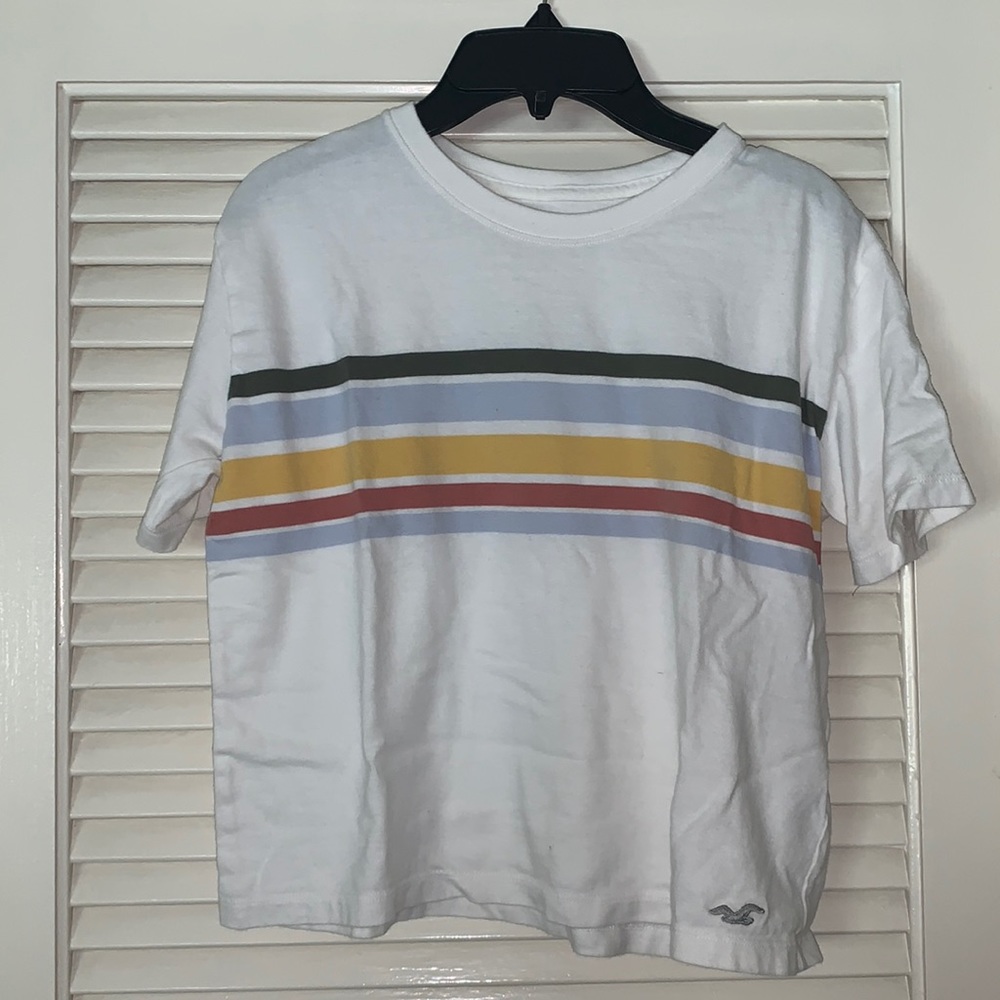 hollister white tee with colorful stripes - small
